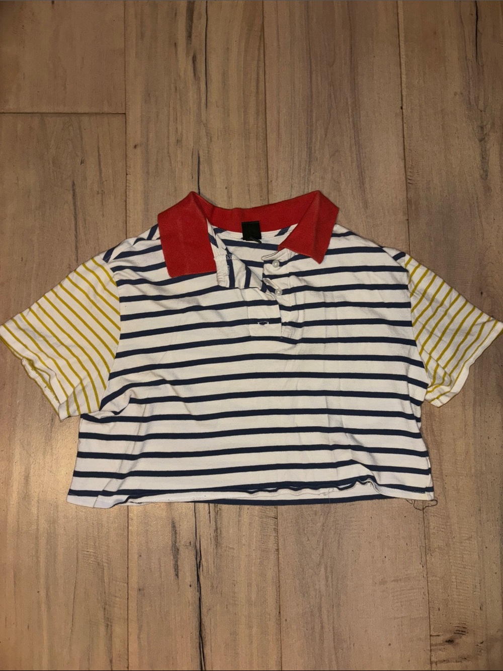wild fable Navy & White Striped Polo with Red Collar and Yellow Sleeves